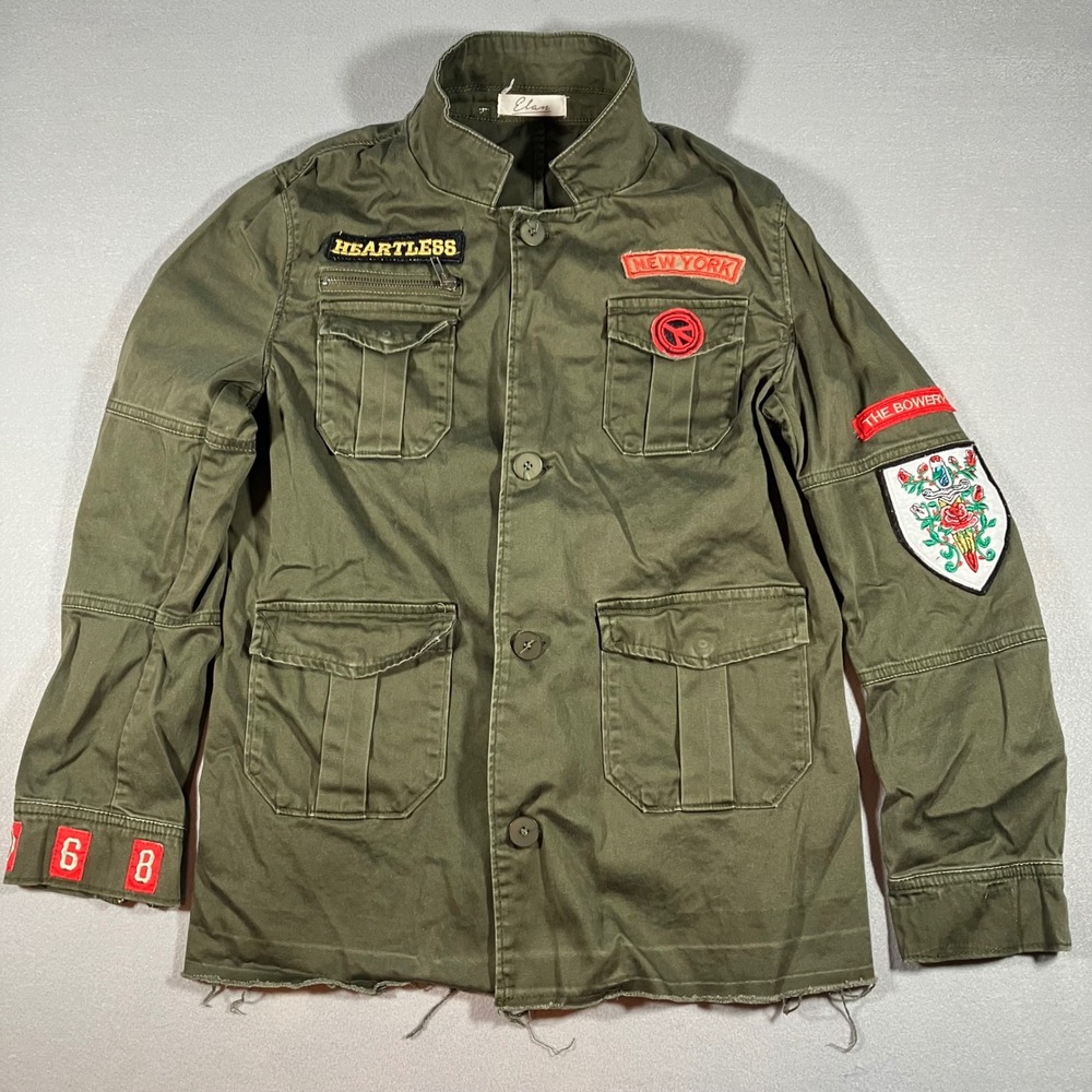 Elan Olive Green Patch Womens M Military Field Jacket Streetwear Raw Hem Grunge